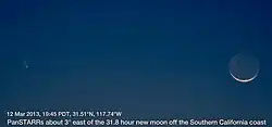 Comet PANSTARRS as observed from Southern California, USA, about 3° east of the new crescent Moon