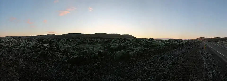 Panorama of Grábrókarhraun at dawn, November 2007