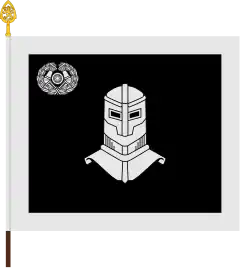 The colour of the Armoured Brigade features the black and silver branch colours of Finnish armoured troops while the main emblem is a cuirassier helmet symbolizing armoured force.