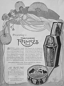Advertisement with an illustration of a woman with ancient Egyptian-style clothes and furniture