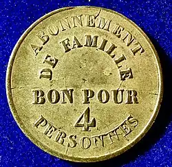 Admission token Théâtre Comte, passage Choiseul, for a family of 4, reverse.