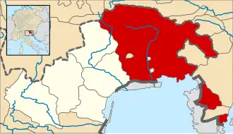 Patria del Friuli / the Patriarchal State of Aquileia (red) at the time of the Hohenstaufen Emperors (circa 1250). The pale highlighted area shows the March of Verona.