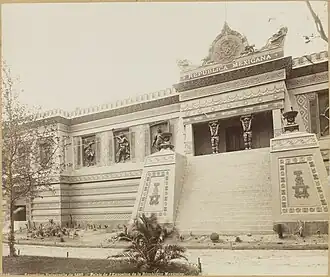 Pavilion of Mexico based on Mesoamerican architecture and including reliefs of Aztec tlatoanis by Jesús Fructuoso Contreras