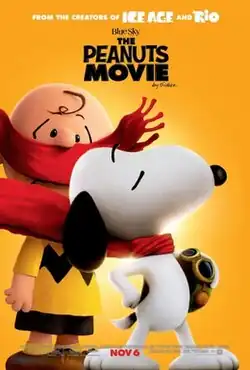 Snoopy poses, holding an aviator cap and goggles, while a red scarf waves behind him, which slightly obscures the face of Charlie Brown, who stands behind the dog.