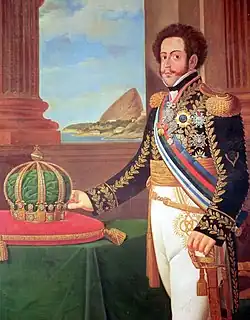 Emperor Pedro I of Brazil (also King of Portugal as Pedro IV) with his crown and the Sugarloaf in the background, c. 1825