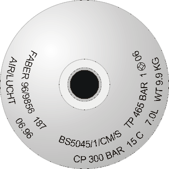Diagram of a cylinder shoulder with stamp marking: FABER 96/9856 187 BS5045/1/CM/S TP 265 BAR AIR/LUCHT 06.96 CP 300BAR 15C 7.0L WT 9.9&nbsp;kg