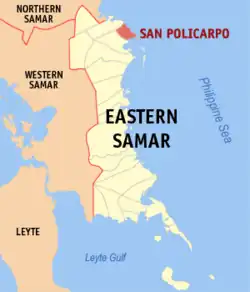 Map of Eastern Samar with San Policarpo highlighted