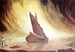 Stage setting. In the rear centre of the picture, against the background of a stormy sky, is a series of rocks forming the shape of a sailing ship. Left foreground, a sleeping figure is visible on the ground.
