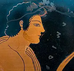 Greek vase, heavily zoomed in: a handsome, beardless young man's face.