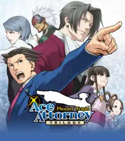 Main characters from the Ace Attorney trilogy and the compilation's logo against a blue-white background.