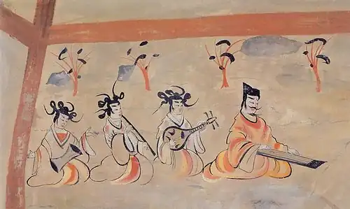 A mural painting showing man and women wearing loose robes, from the Northern Liang's Dingjiazha Tomb No. 5 of the Sixteen Kingdoms period