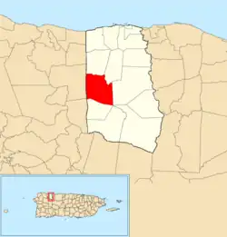 Location of Piedra Gorda within the municipality of Camuy shown in red