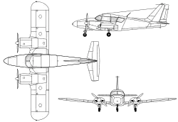 3-view line drawing of the Piper PA-23-250 Aztec