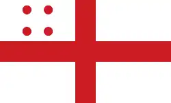 Jeremiah Cocklyn's pirate flag, described as “St. George’s cross with four balls in the quarter”.[29]