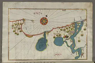 A color map of a city located near a river and lake, with Arabic labels