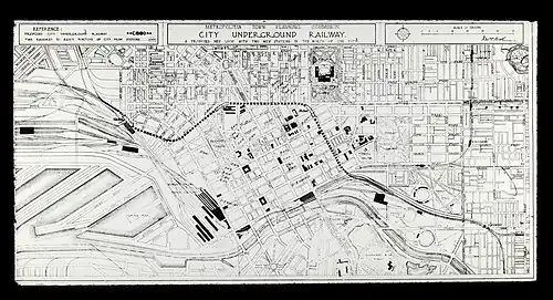 Map of the Melbourne Town Planning Commission's 1929 plan for a city rail tunnel, a precursor to the City Loop.