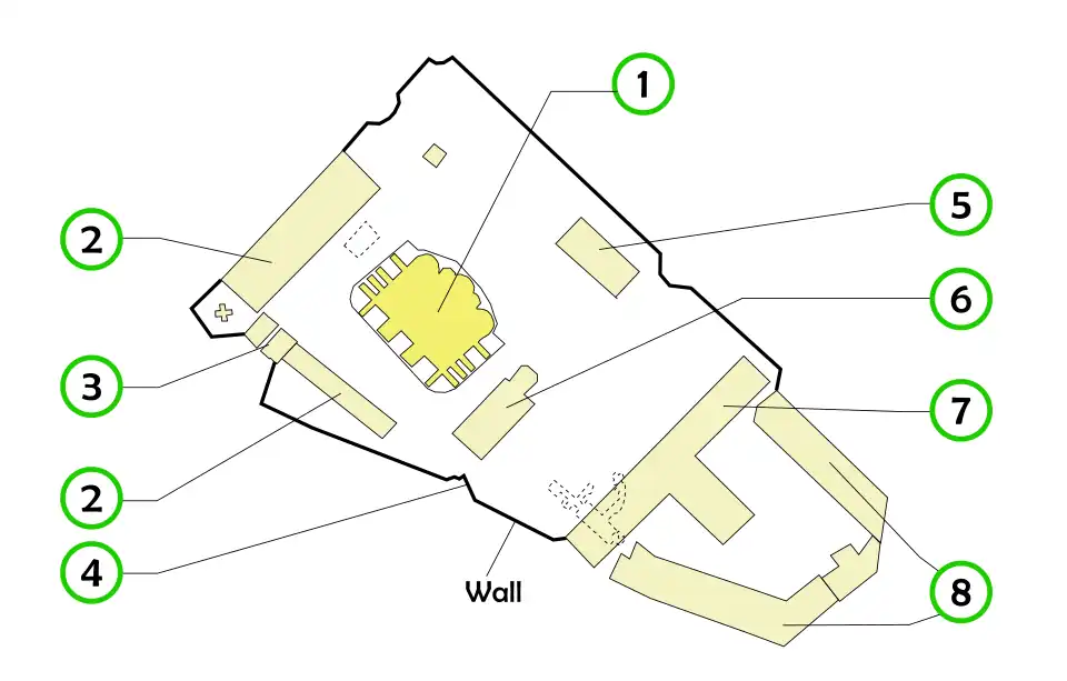 Layout of the monastery with a legend for all the buildings in the complex