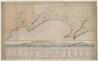 Map and a panoramic image of a coastal city