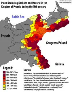 Poles in the Kingdom of Prussia during the 19th century: &nbsp;&nbsp;90% – 100% Polish &nbsp;&nbsp;80% – 90% Polish &nbsp;&nbsp;70% – 80% Polish &nbsp;&nbsp;60% – 70% Polish &nbsp;&nbsp;50% – 60% Polish &nbsp;&nbsp;20% – 50% Polish &nbsp;&nbsp;5% – 20% Polish