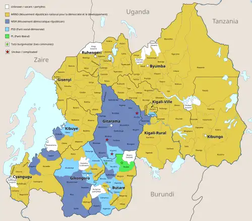 Map showing the geographical strongholds of the Rwandan political parties at the beginning of April 1994.&nbsp;&nbsp;Unknown / vacant / partyless • &nbsp;&nbsp;MRND • &nbsp;&nbsp;MDR • &nbsp;&nbsp;PSD • &nbsp;&nbsp;PL • ★&nbsp;Tutsi burgomaster • ★&nbsp; Unclear / complicated