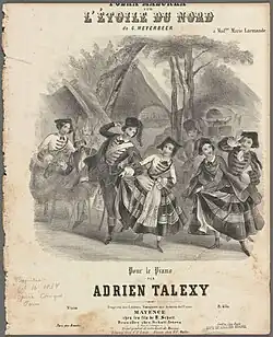 Illustration of people dancing with text that reads, "Polka Mazurka sur L'Etoile Du Nord de C. Meyerbeer pour le piano par Adrien Talexy."
