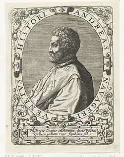 Illustrated portrait of Andrea Navagero, in an oval with a marginal inscription. In a decorative frame with leaf tendrils.