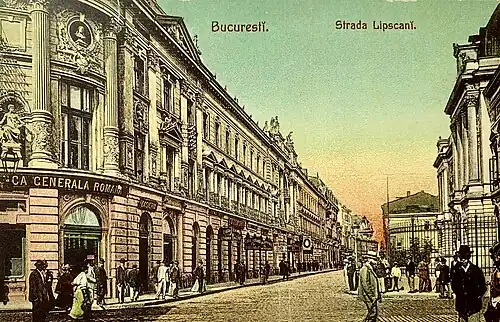 Postal card of the Lipscani Street around 1900, with the National Bank of Romania on the right side