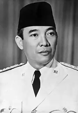 A black-and-white three-quarters view of Sukarno's face