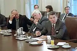Reagan in the White House to discuss the Grenada situation with a bipartisan group of members of Congress, October 1983