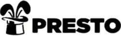An all-black title in all caps of "PRESTO". At left is a picture of bunny ears poking out of a top hat.