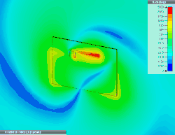A circuit board with an F-shaped metal structure on it, with coloured patterns showing electric fields radiating from it