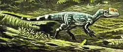 Life restoration of Proceratosaurus walking in its forested habitat next to a fallen tree, in side view. Proceratosaurus is coloured green and black, with white highlights and an orange crest
