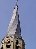 A spiraled church tower roof, cloister, Loiret, France
