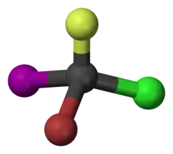 Ball and stick model of bromochlorofluoroiodomethane (R)