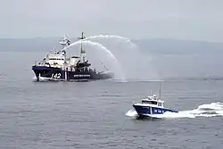 The Russian Coast Guard Project&nbsp;745P border patrol ship Bug and the Yamaha S-329-type border patrol boat Steregushchy during the Russian-Japanese exercise in Aniva Bay in 2009