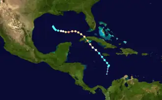Map plotting the track and the intensity of the storm, according to the Saffir–Simpson scale