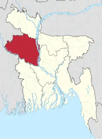 Map indicating the extent of Rajshahi Division within Bangladesh