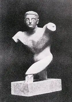 Raymond Duchamp-Villon, 1910–11, Torse de jeune homme (Torso of a young man), terracotta, 60.4&nbsp;cm (23+3⁄4 in), Armory Show postcard, published 1913. Hirshhorn Museum and Sculpture Garden, Smithsonian Institution, Washington, D.C.