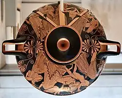 Red-figure kylix (Classical); c. 480 BC; ceramic; height: 12.7&nbsp;cm, diameter: 27.2&nbsp;cm; Kimbell Art Museum (Fort Worth, Texas, US)[38]