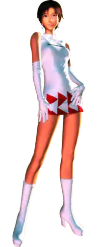A 3D render of a tall slender Asian woman with short hair wearing a white tube dress with a red checkered pattern and matching white boots and gloves.