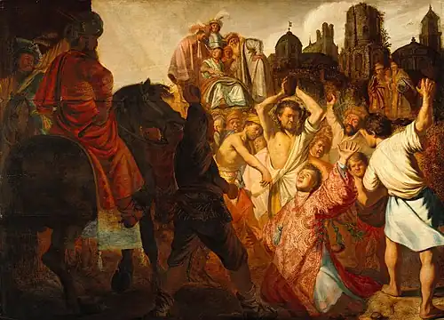 The Stoning of Saint Stephen (1625), Rembrandt's first painting completed at the age of 19,[170] Musée des Beaux-Arts de Lyon.