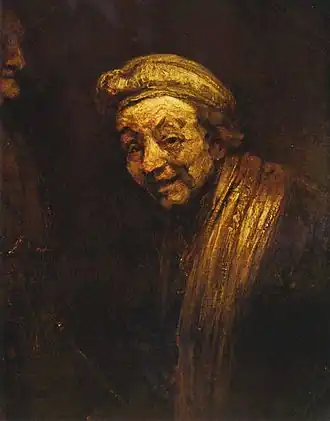 Self Portrait as Zeuxis (c. 1662), one of two self-portraits in which Rembrandt is turned to the left,[169] Wallraf–Richartz Museum, Cologne