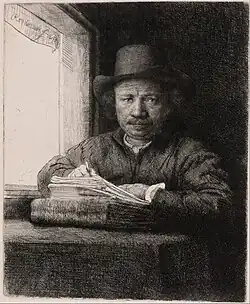 B22, Self Portrait Drawing at a Window, 1648, 5 states. He is drawing on an etching plate, making this the least posed self-portrait etching. In state iv, a landscape is added outside.[47] The last etching but for two sketches, and one of the "official" etched self-portraits.[34]