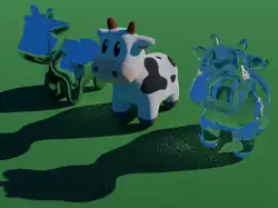 3D rendered image showing three copies of a cartoon cow. The one on the left has a mirror surface, and the one on the right uses a transparent glass material. The image is speckled with many white dots, especially in the shadowed areas, due to low quality settings in the renderer. The reflection, transparency, and lighting are realistic, but the speckles distract from this.