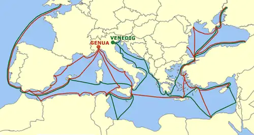 Trade routes and colonies of the Genoese and Venetian empires