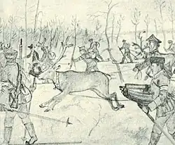 The 1918 expedition marching on skis through the snow-covered hills. Drawing by Thorsten Renvall