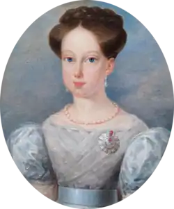 Painting showing the head and shoulders of a young woman wearing a lacey blue dress with auburn hair pulled back