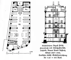 August Polich commercial building, floor plan and cross section, 1892