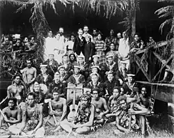 Robert Louis Stevenson, his family and Samoans, and the band of HMS Tauranga at Vailima (Samoa) (photo by Alfred James Tattersall).