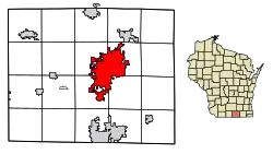 Location of Janesville in Rock County, Wisconsin